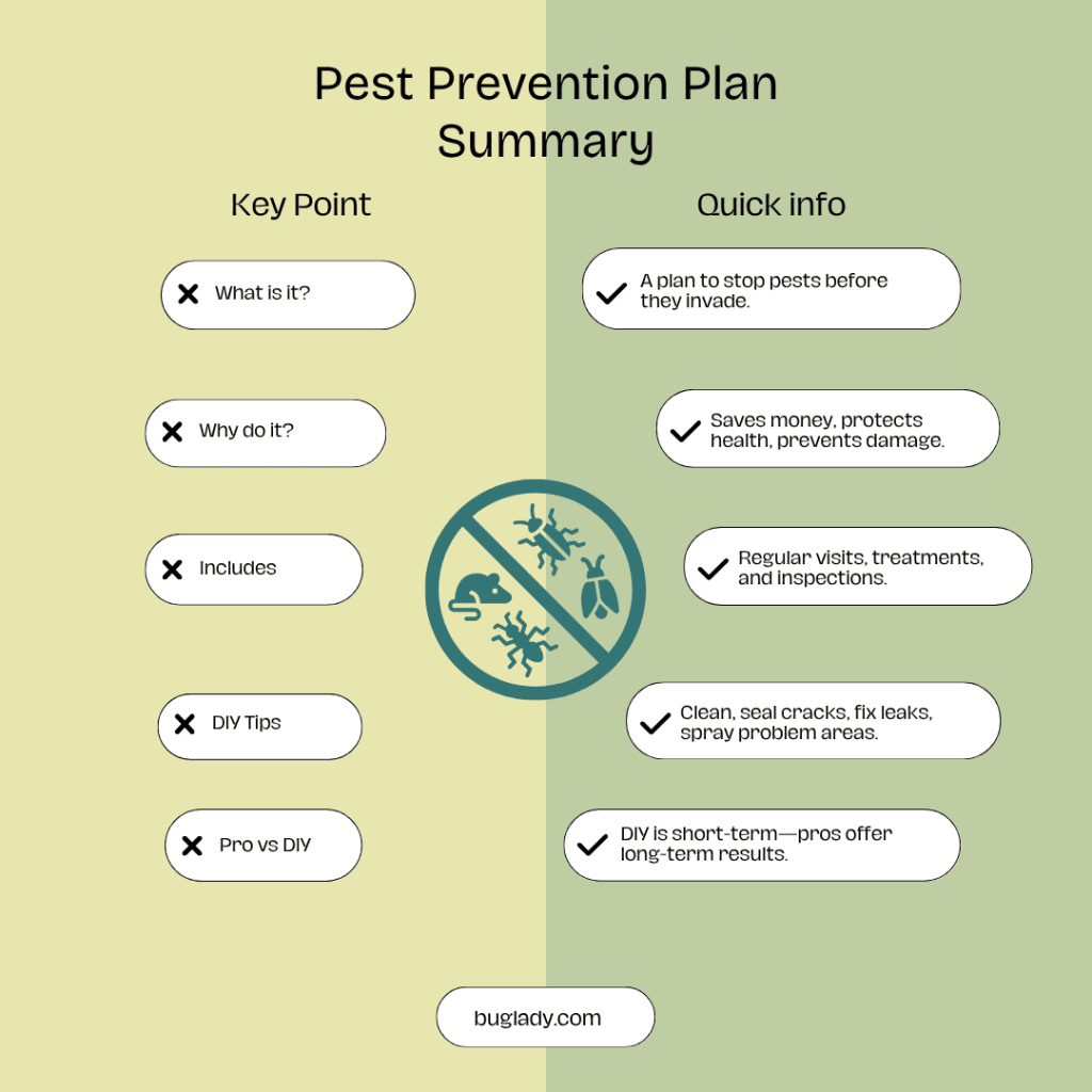 Infographic summarizing key points of a pest prevention plan, including benefits, what's included, DIY tips, and pro vs. DIY comparison.