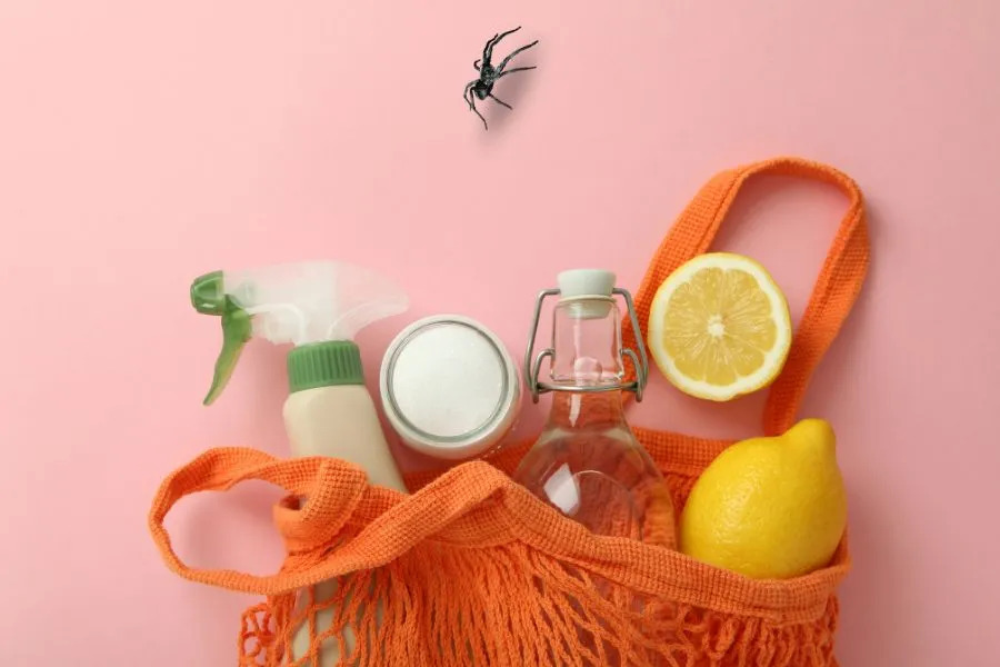 lemon and other oils isolated on a pink background with a spider