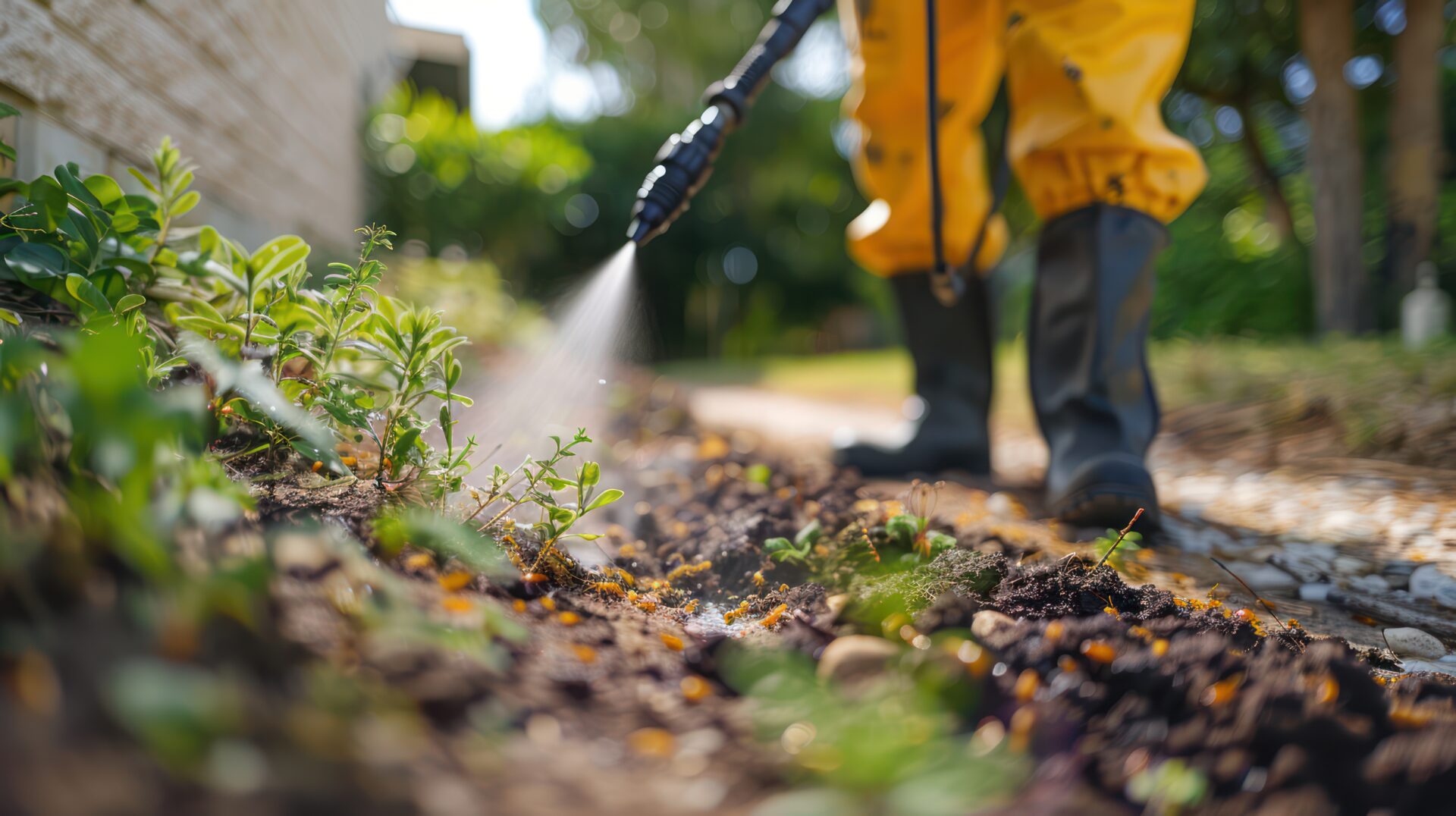 A person sprays pesticide on plants in a garden