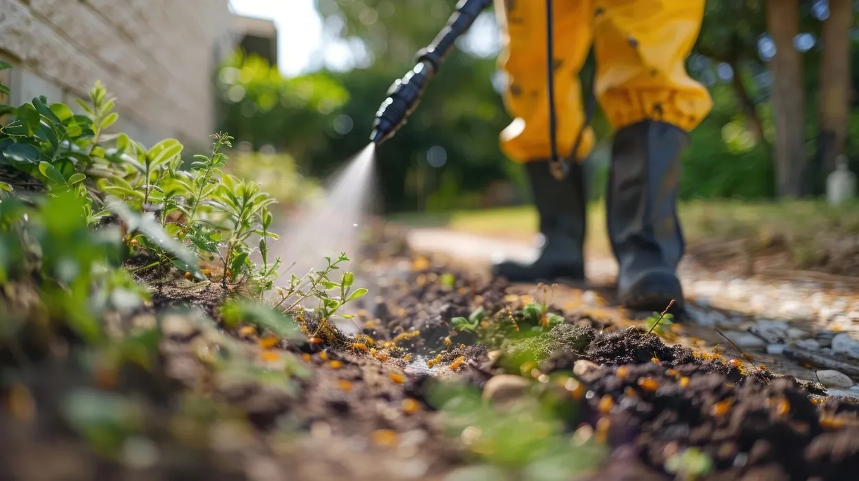 A person sprays pesticide on plants in a garden