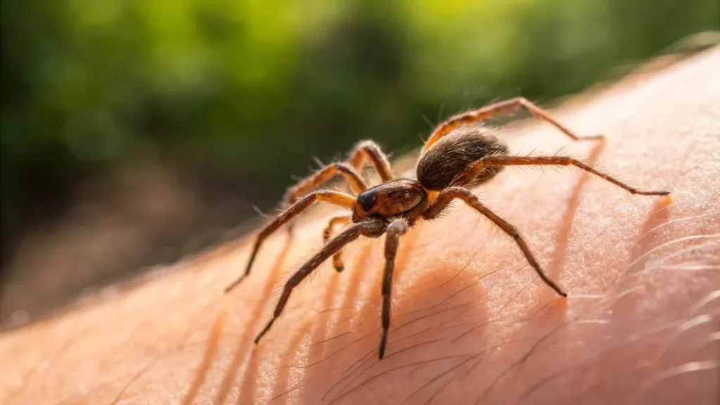 Close up of a spider crawling on human skin