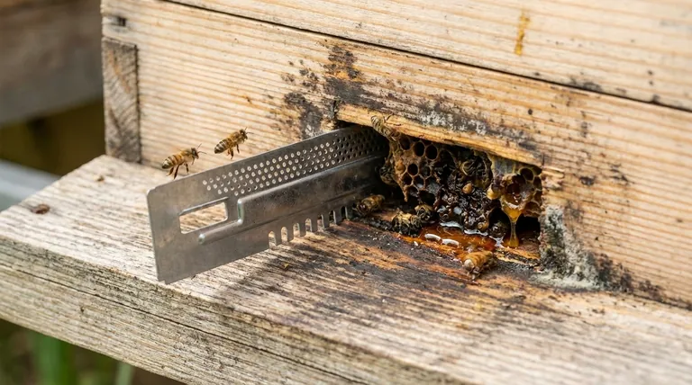 A close-up of a beehive with bees working around the honeycomb, while a tool is used to extract honey.