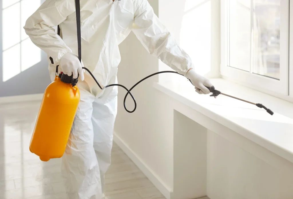 Professional pest control technician applying treatment with a sprayer near a window.