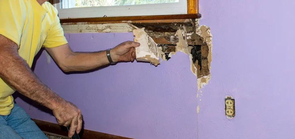 close up of a person analyzing termite damage on wall