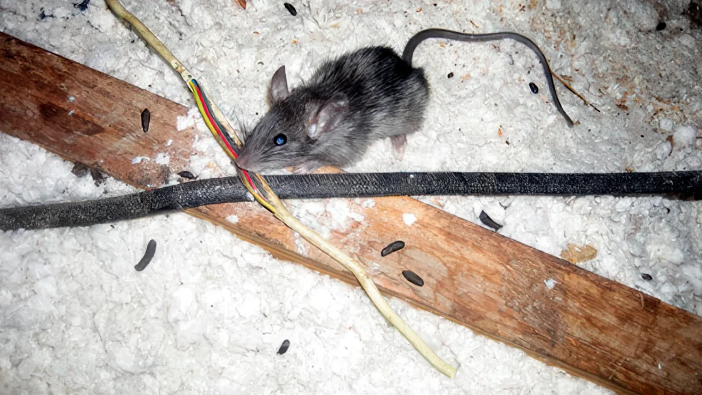 close up of rat chewing on a wire