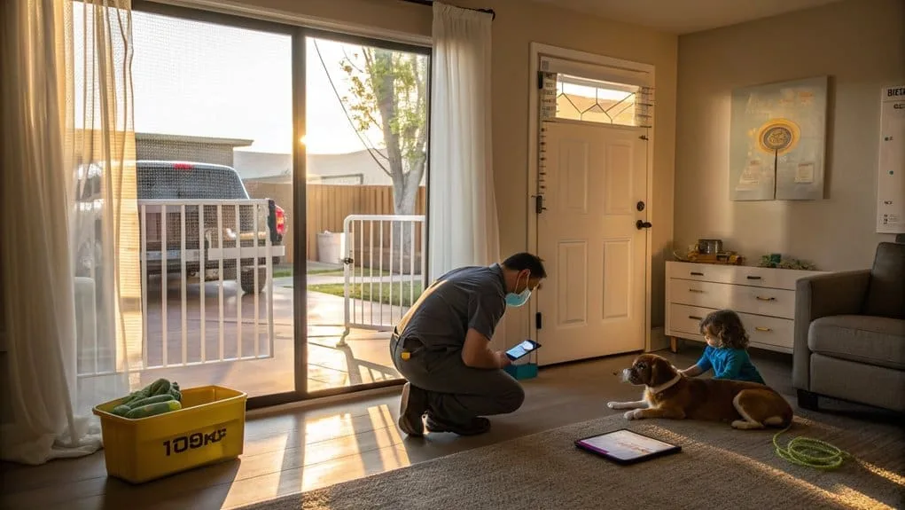 A pest control technician checks his phone while kneeling next to a dog and child in a sunlit living room.
