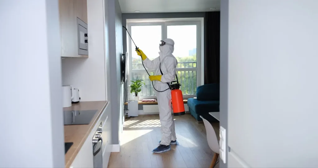 A pest control technician in protective gear sprays a wall inside a modern home.