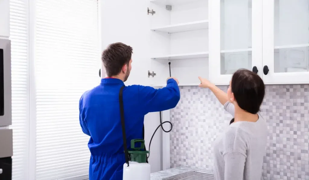 A pest control technician sprays a cabinet while the homeowner points to an area in the kitchen.
