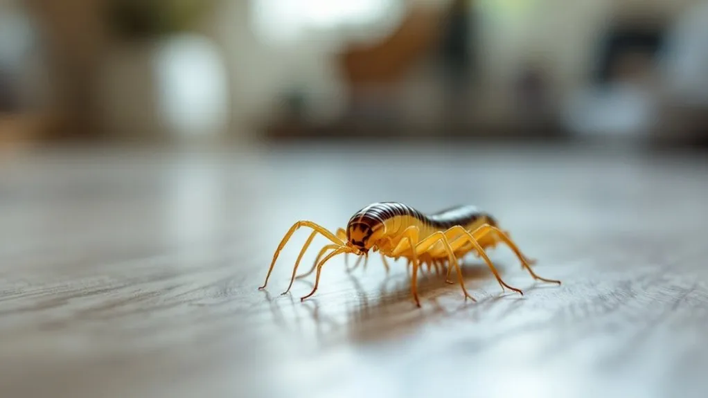 Close-up of a house centipede walking on a wooden floor.