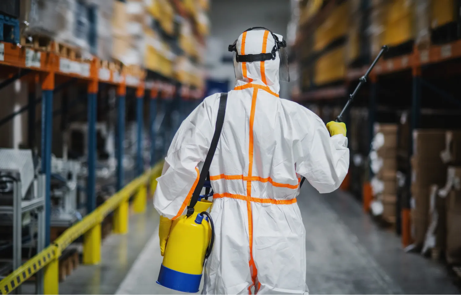 Professional pest control worker disinfecting a warehouse
