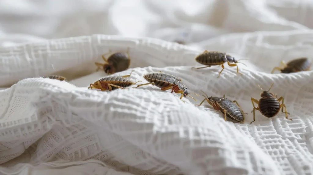 Colony of bed bugs crawling on a white bed sheet in an apartment bedroom – pest control for apartments bed bug infestation