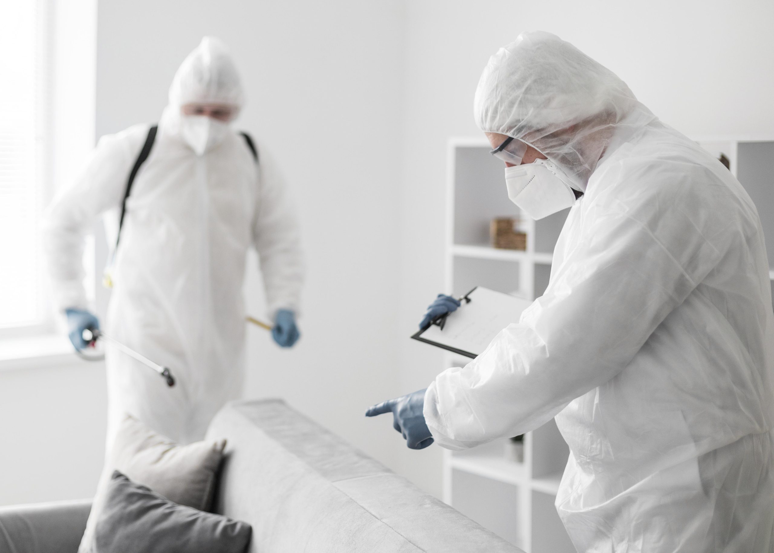 Two pest control specialists in protective suits conducting a pest inspection with clipboard in a hospitality property – hospitality pest control inspection