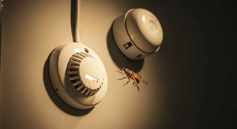 Insect flying near an ultrasonic pest repeller device on a wall.