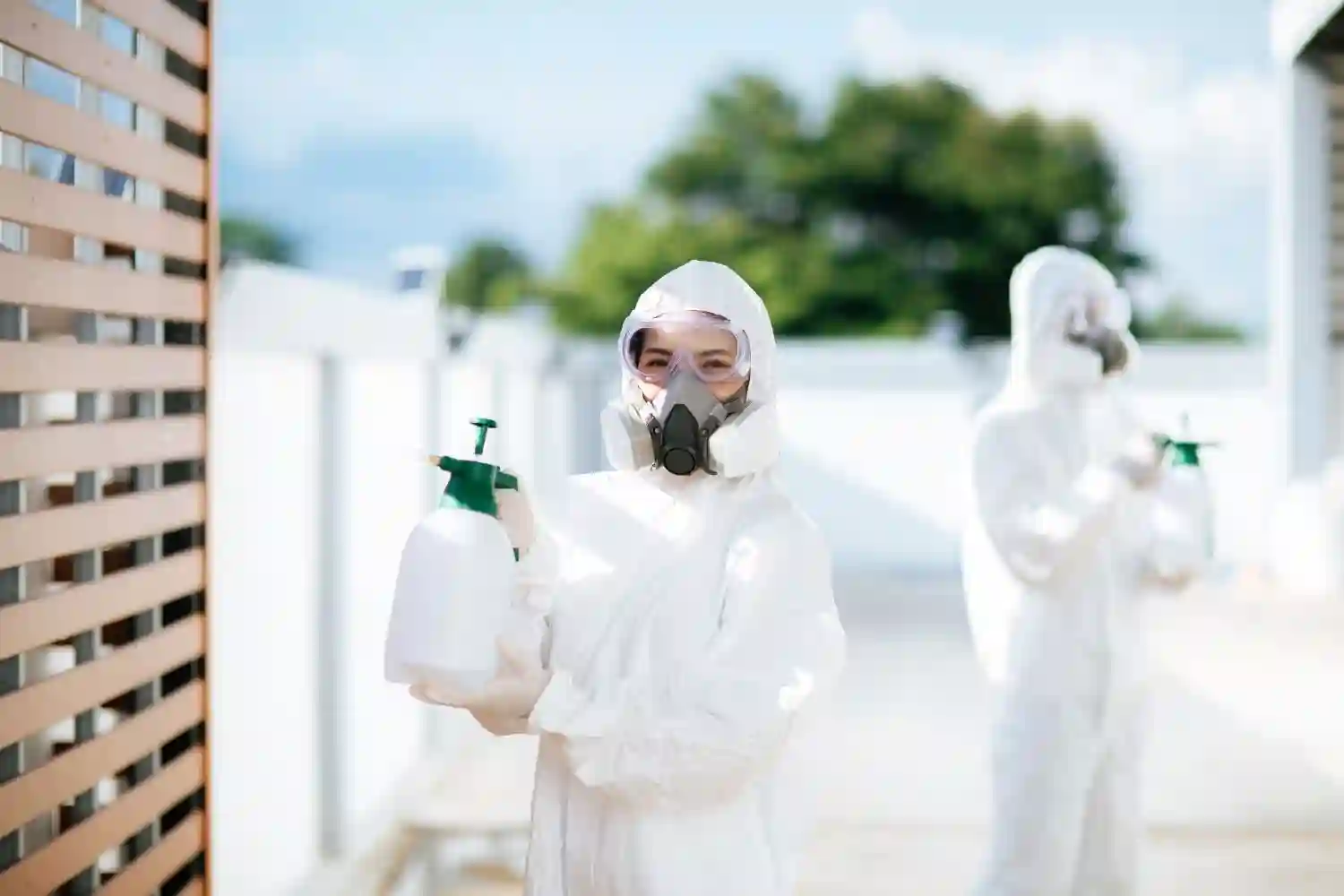 Pest control specialist in protective suit holding a pesticide sprayer