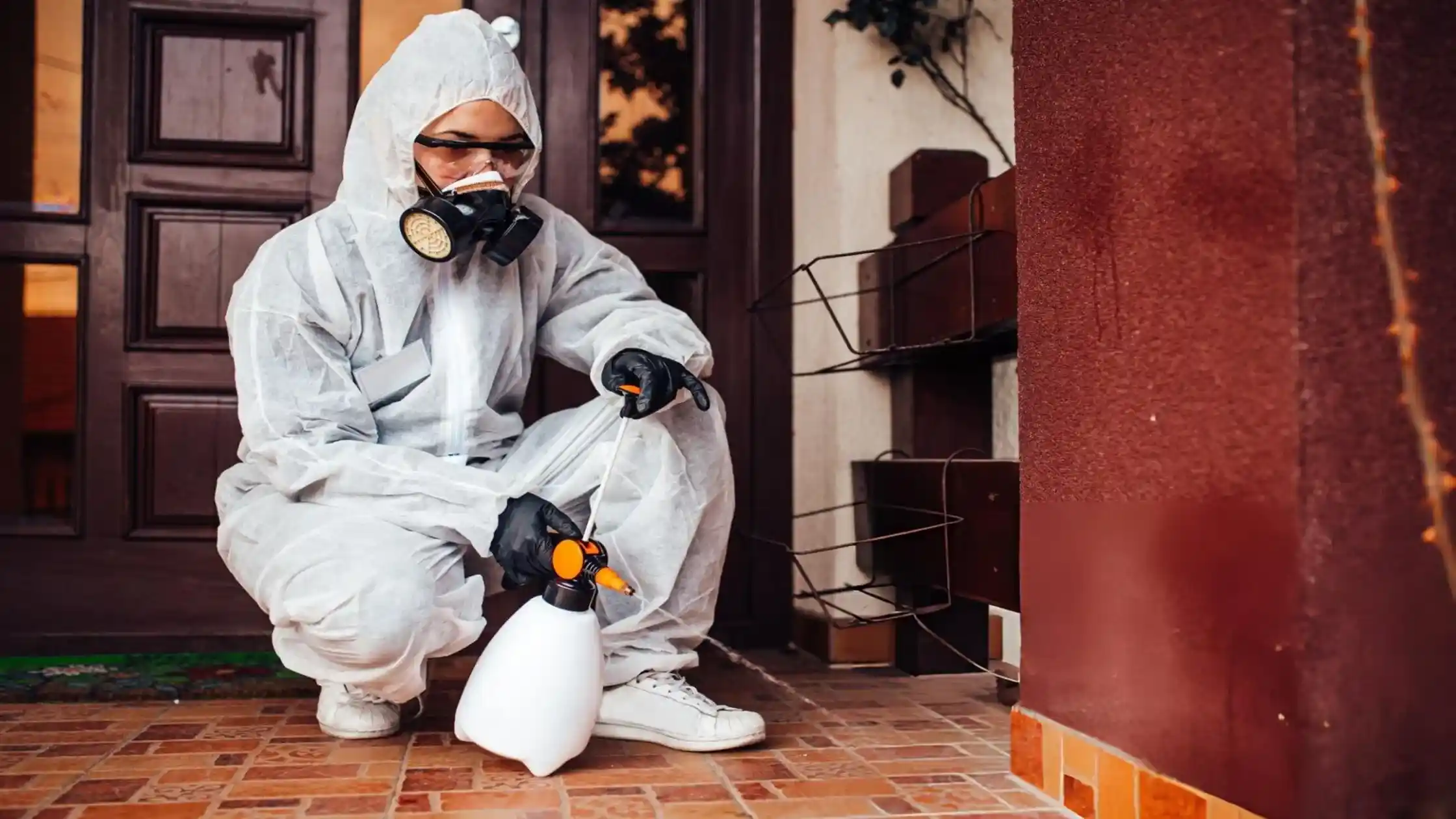 Pest control technician in white protective suit and respirator mask spraying treatment at an apartment building entrance – pest control for apartments professional services