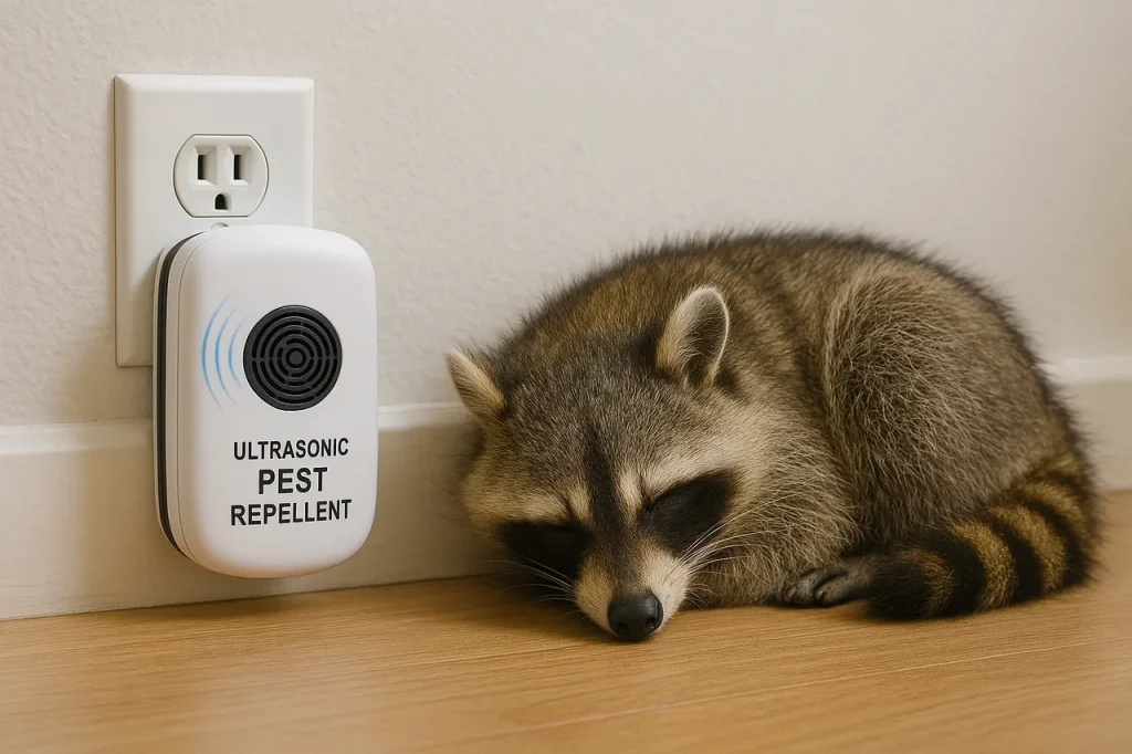 Ultrasonic pest repellent device next to a sleeping raccoon.