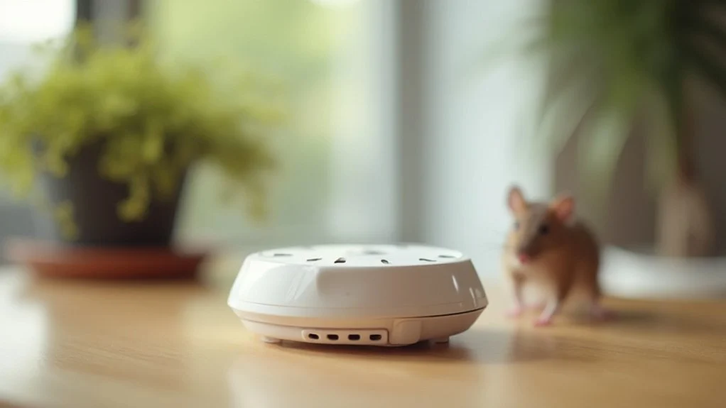 Ultrasonic pest repeller device with a mouse in the background