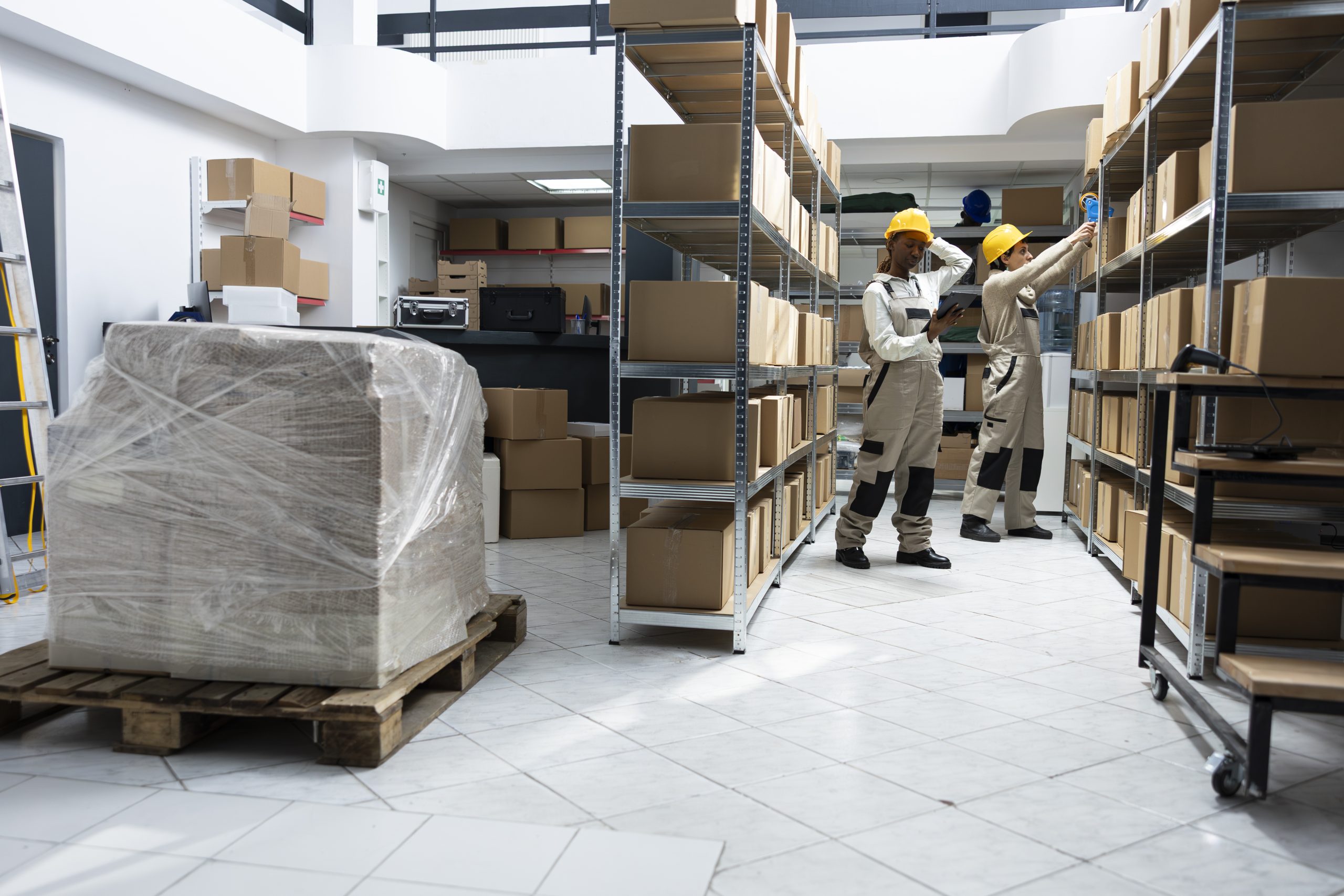Two warehouse workers in hard hats scanning boxes on shelves inside a modern logistics depot – warehouse logistics pest control management