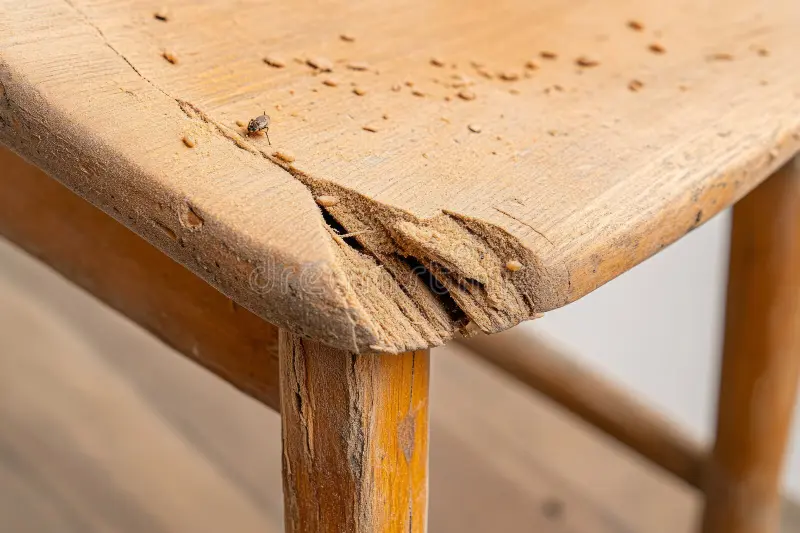 Termite damage on wooden furniture corner