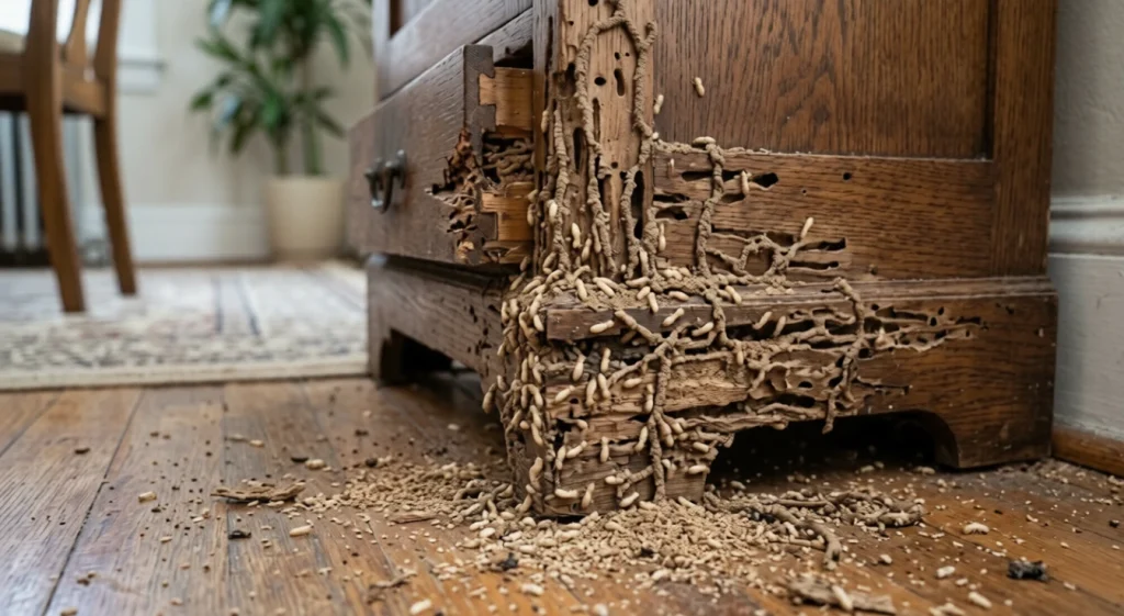 Termite-damaged wooden furniture with frass