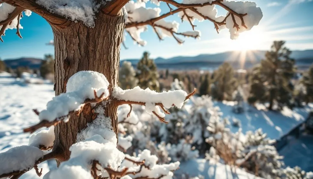 Tree branches covered in snow with sunlight and a snowy landscape in the background.