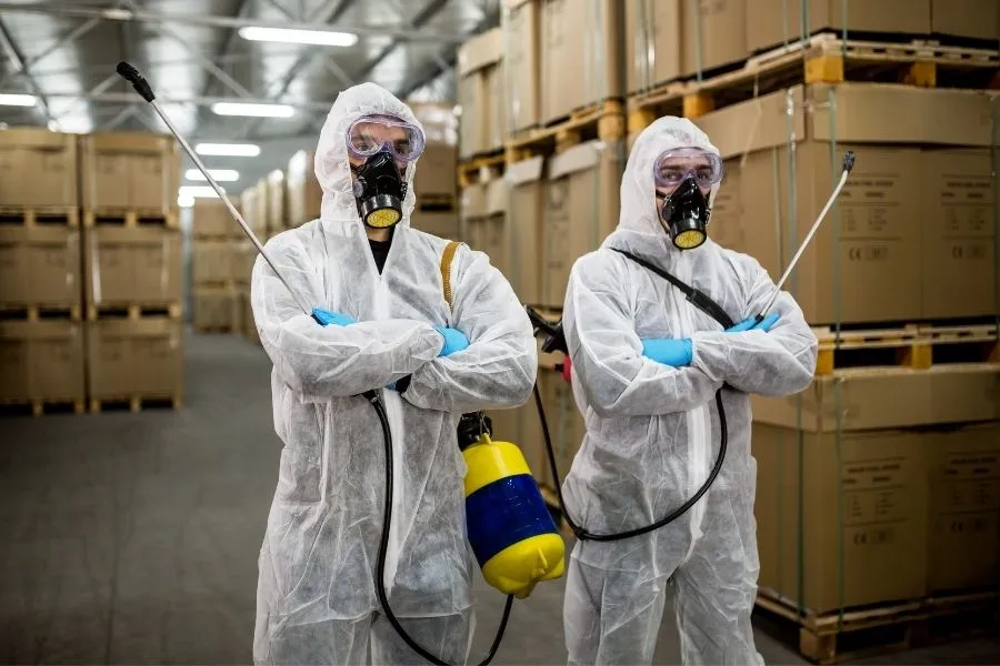 2 expert pest control technicians wearing their sutis holding spray machines and standing in a warehouse
