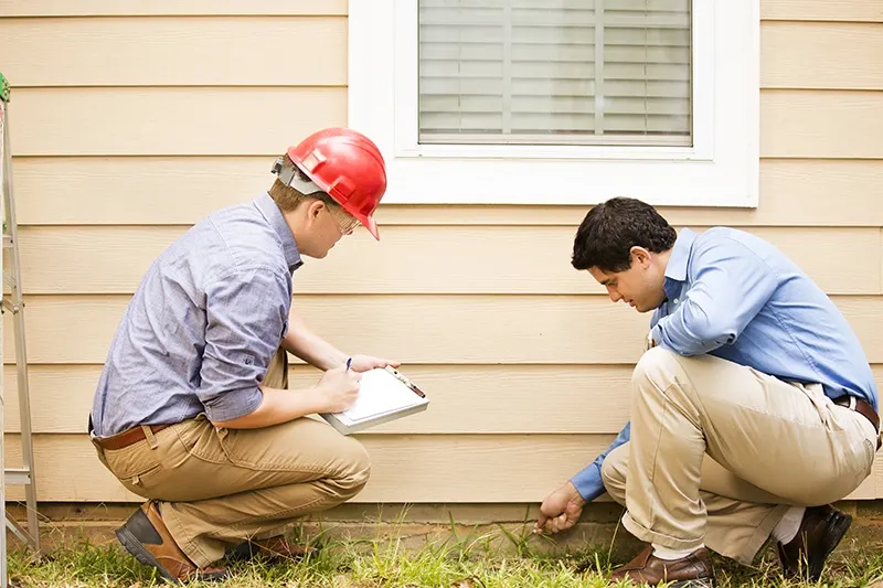 2 pest control technicians examining a house exterior