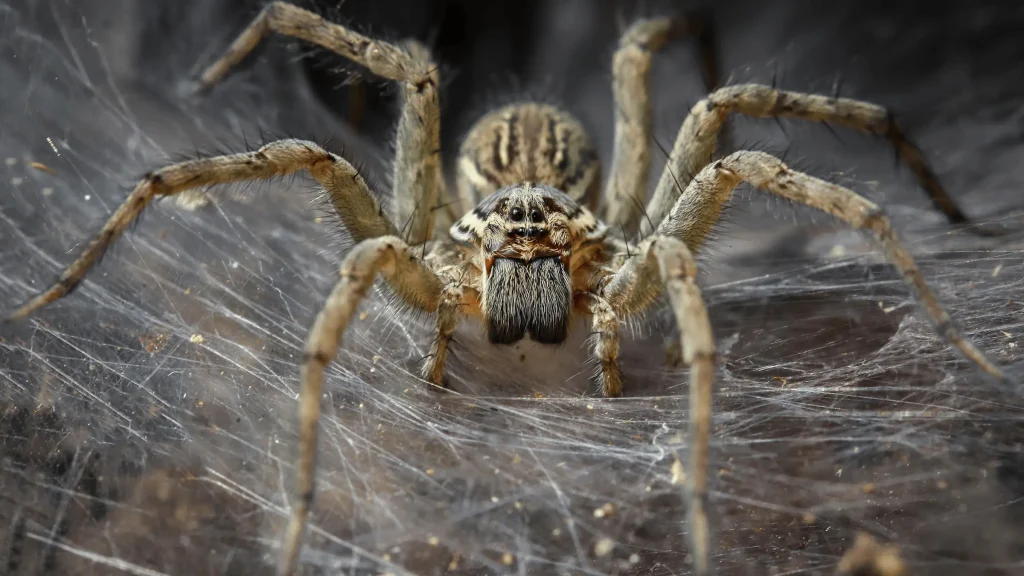 A close shot of a skin spider on a web