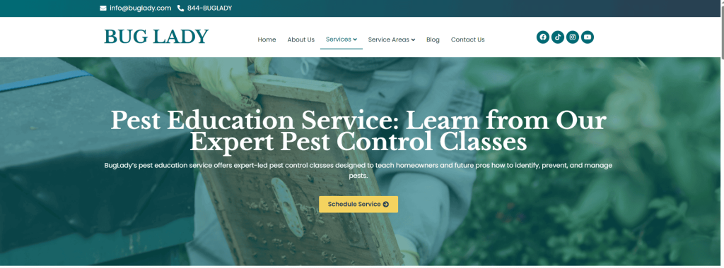 BugLady pest education webpage showing expert-led pest control classes with a 'Schedule Service' button.