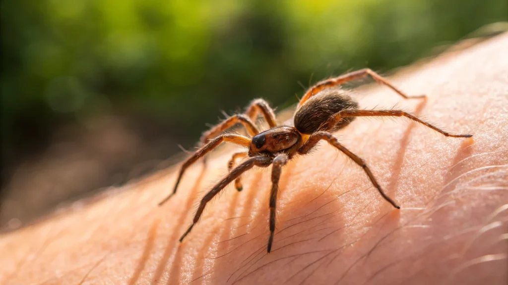 Close up of a spider crawling on human skin