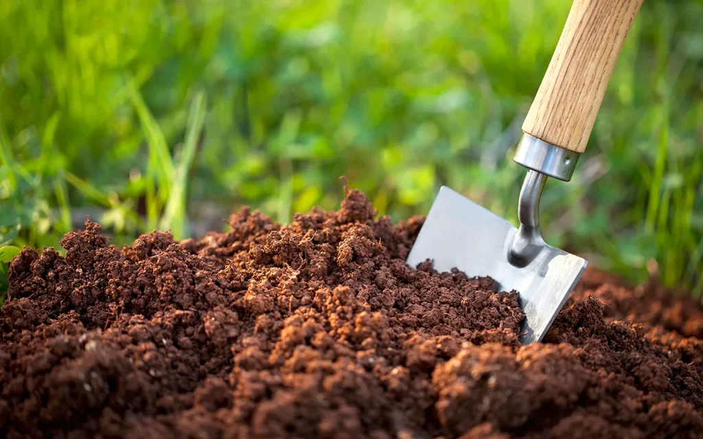 Garden trowel digging into soil in a garden bed.