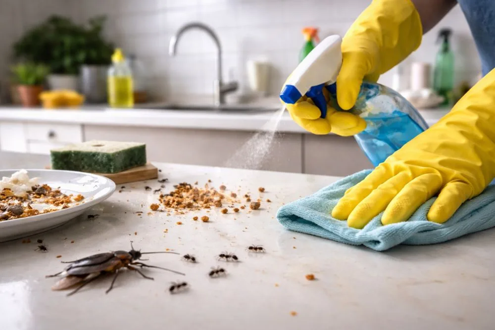 Gloved hand spraying disinfectant on a kitchen counter with crumbs and visible insects.