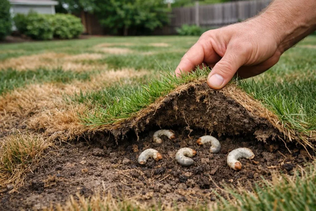 Hand lifting damaged lawn turf to reveal white grubs in the soil.