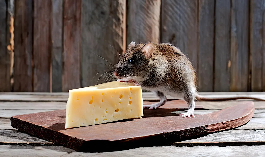Mouse eating a block of cheese on a wooden surface.