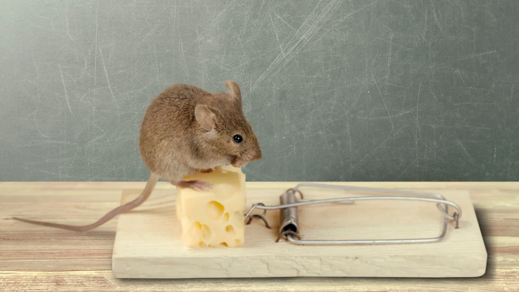 Mouse perched on a block of cheese inside a mousetrap on a wooden surface.