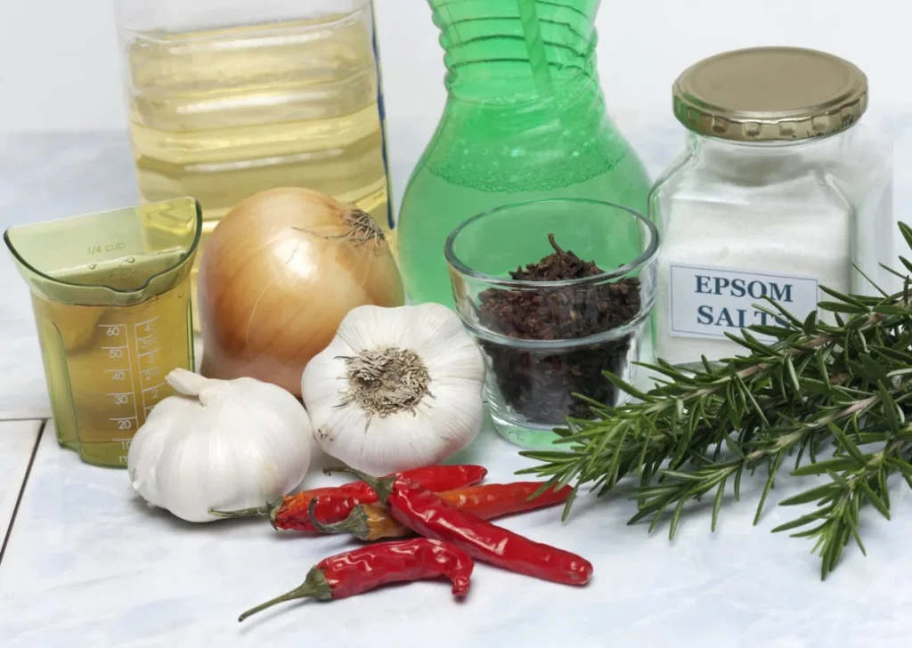 Natural pest control ingredients including garlic, chili peppers, herbs, and household liquids on a countertop.
