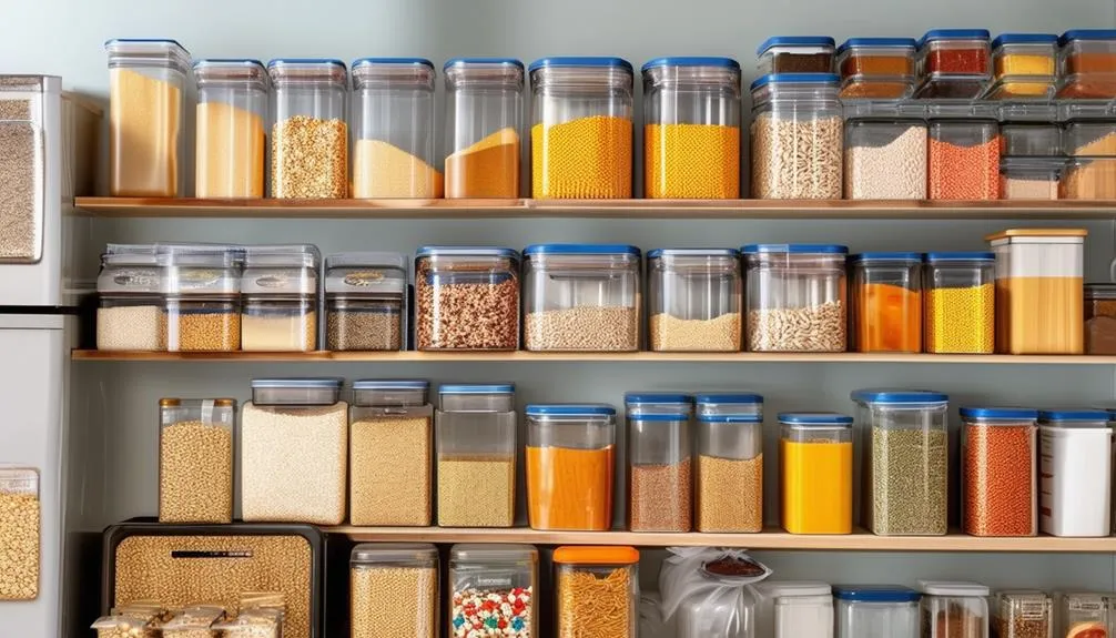 Organized pantry shelves with sealed food containers.