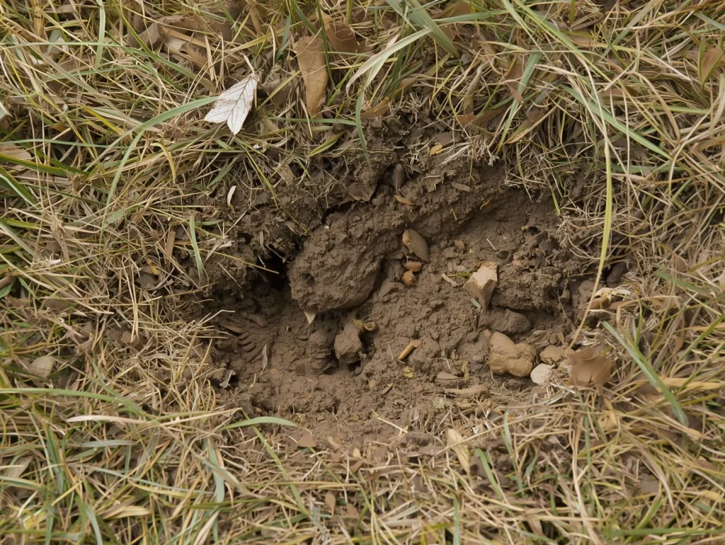 Patch of damaged lawn with exposed soil where grass has died and turf has broken away.
