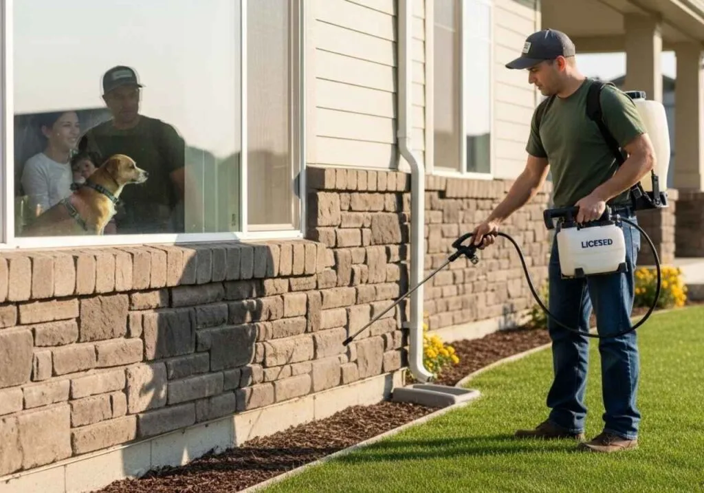 Pest control professional spraying a house exterior while family and dog watch from inside.