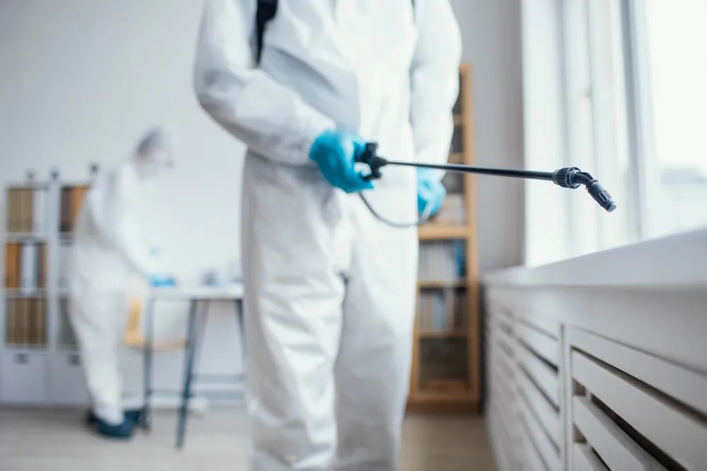 Pest control technician spraying indoors.