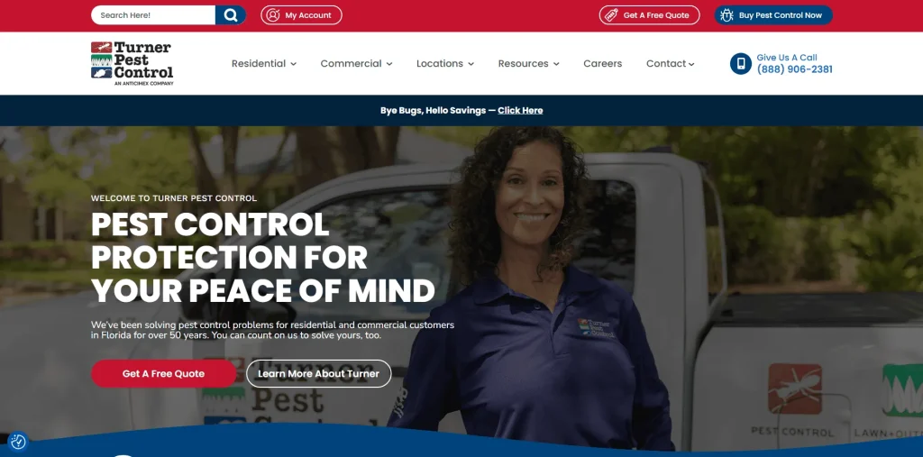 Turner Pest Control homepage banner with staff and pest control service vehicle.
