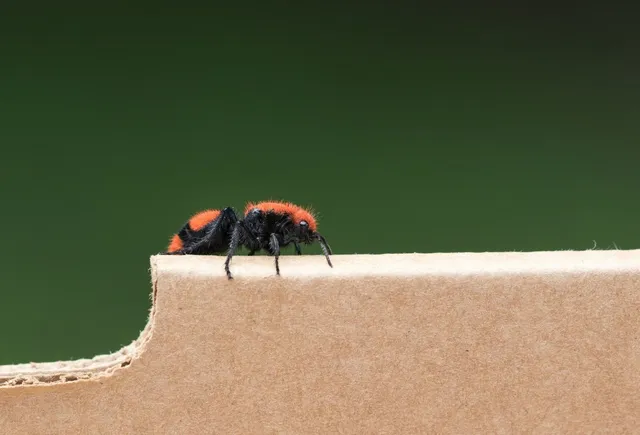 Velvet ant crawling on cardboard