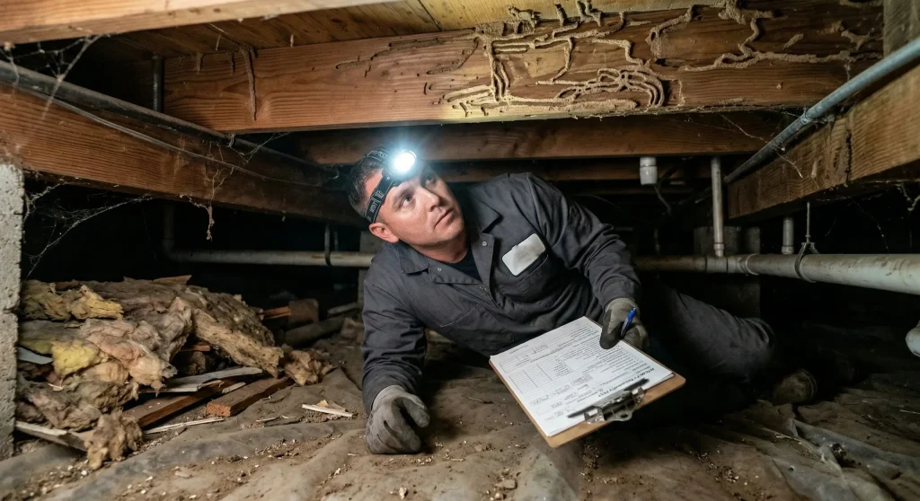 a professional pest control expert checking under attic