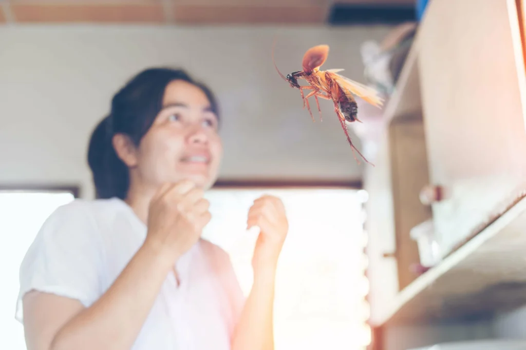 a woman seems shocked after looking at a flying cockroach