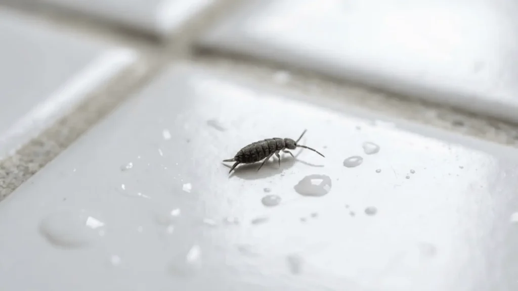 close up macro photo of dark springtail bug on wet bathroom tile with water droplets