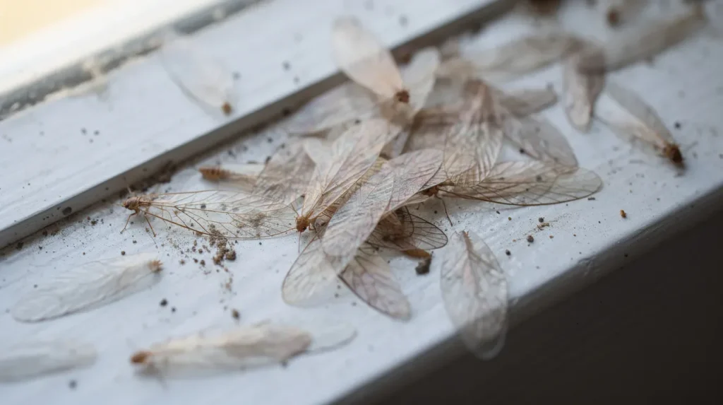 discarded wings of termites on a wooden shelf