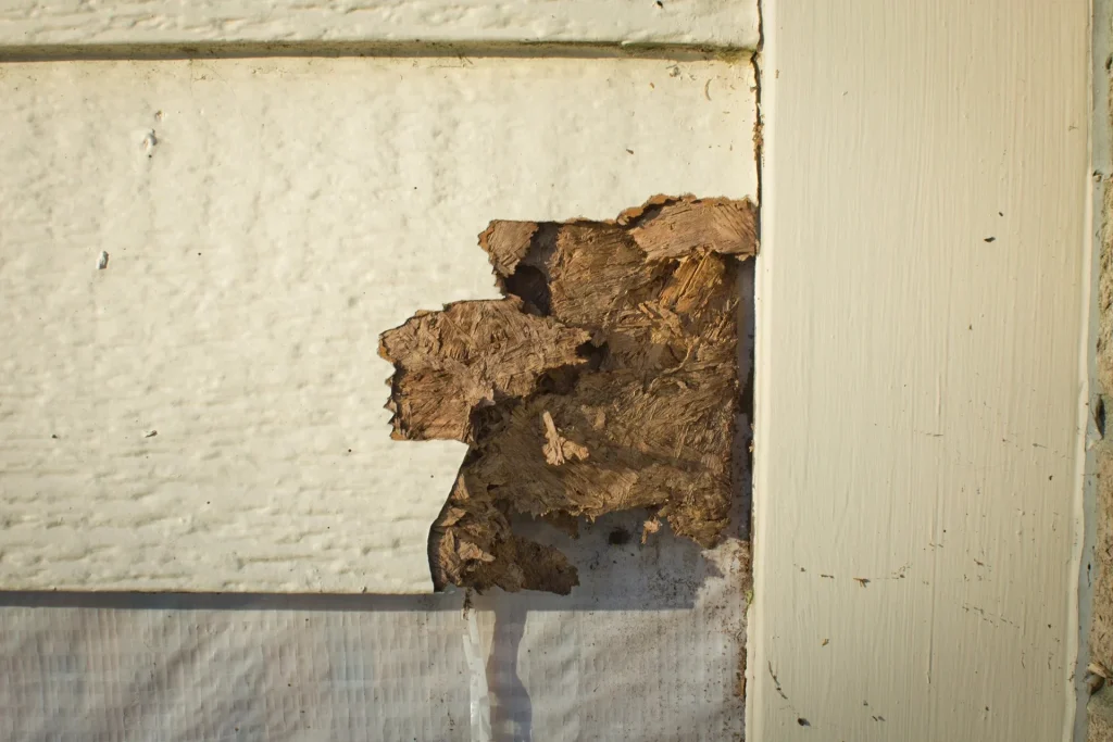 termite damage on wood, peeled off paint