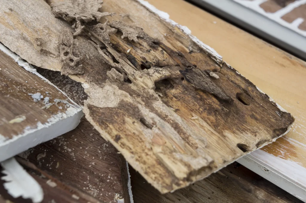 termite damaged wood close up