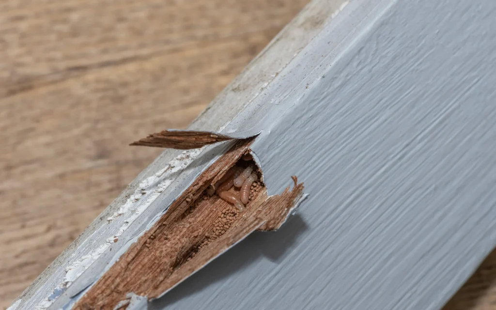 zoom in view of a hollow wood eaten by termites.