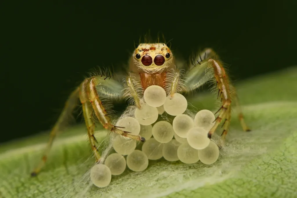 zoom in view of a spider eating eggs